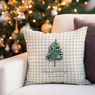 Simple Pine   Christmas Tree on Neutral Gingham Cushion