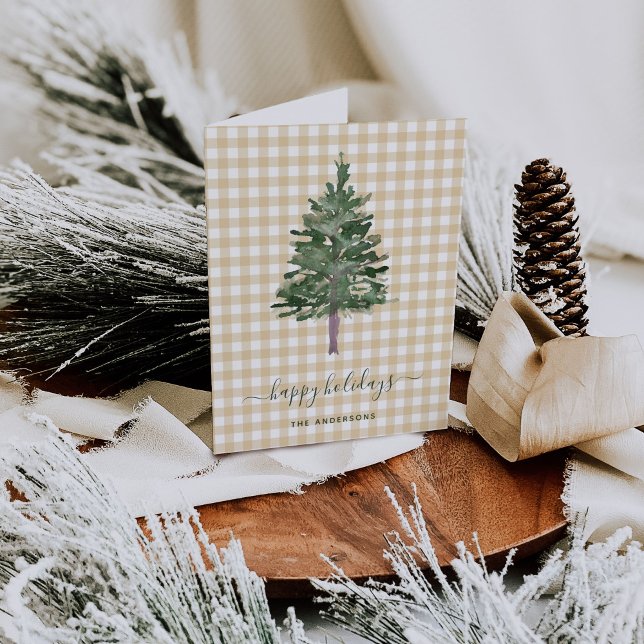Simple Pine | Christmas Tree on Neutral Gingham Holiday Card (A Christmas card with a simple pine tree on neutral gingham)