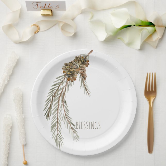 Simple Pine Cones Blessings Thanksgiving Paper Plate (Wedding)