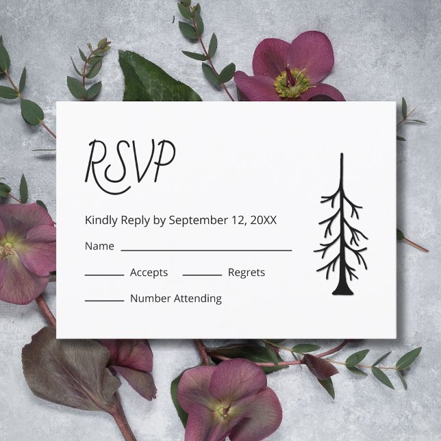 Simple Pine Tree Casual Black White Wedding  RSVP Card (Creator Uploaded)