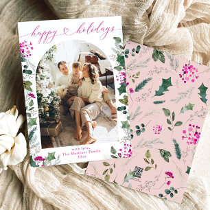 Simple & Pink 1 Family Photo Arch Christmas  Holiday Card
