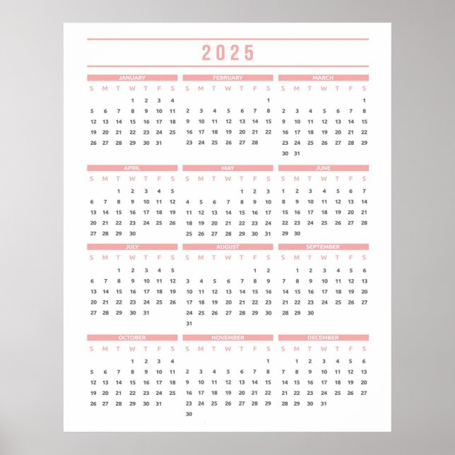 Simple Pink  2025 Calendar Poster (Front)
