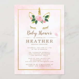 Simple Pink and Gold Unicorn Baby Shower Invitation