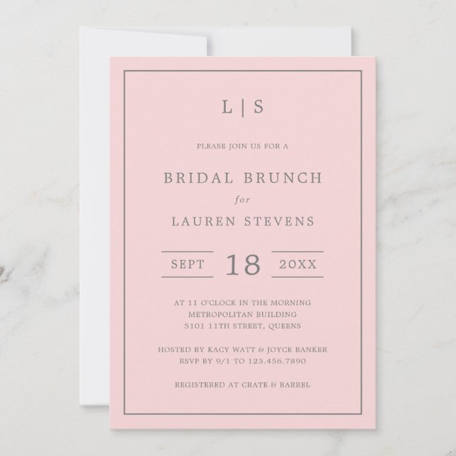 Simple Pink and Grey Monogram Bridal Brunch Invitation (Front)