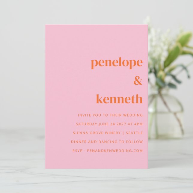 Simple Pink and Orange Modern Wedding All In One Invitation (Standing Front)
