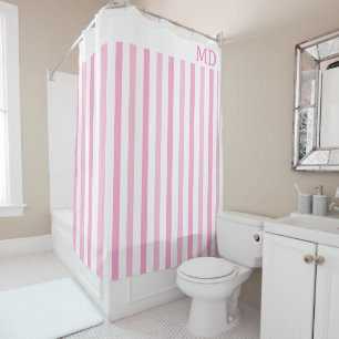 Simple Pink and White Striped Initial Shower Curtain