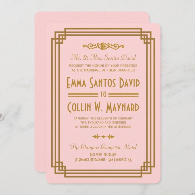 Simple Pink Art Deco Wedding Invitations (Front/Back)