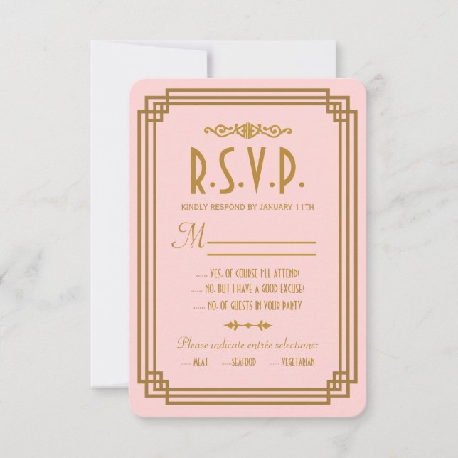 Simple Pink Art Deco Wedding RSVP Cards (Front)