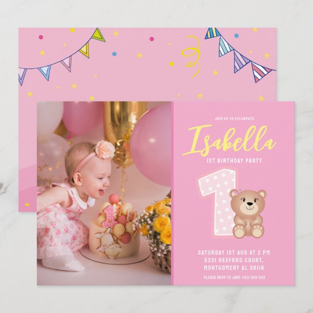 Simple Pink Baby Girl First Birthday Photo Invitation (Front/Back)