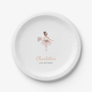 Simple Pink Ballet Themed Birthday Girl Watercolor Paper Plate