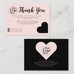 Simple Pink Black Heart Logo Customer Thank You Business Card