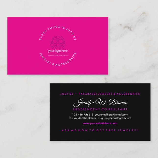 Simple Pink Black Jewelry Custom Logo Business Card (Front/Back)
