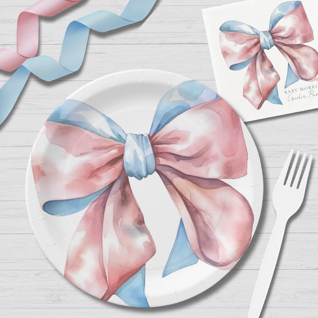 Simple Pink Blue Bow Gender Reveal Paper Plate (Simple Pink Blue Bow Gender Reveal Paper Plates)