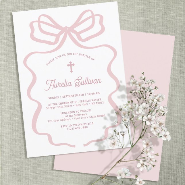 Simple Pink Bow Baptism Invitation (Creator Uploaded)