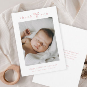 Simple Pink Bow Girl Baby Photo Thank You Card