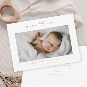 Simple Pink Bow Girl Baby Photo Thank You Card