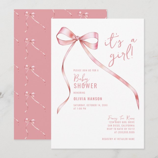 Simple Pink Bow Girl Baby Shower Invitation (Front/Back)