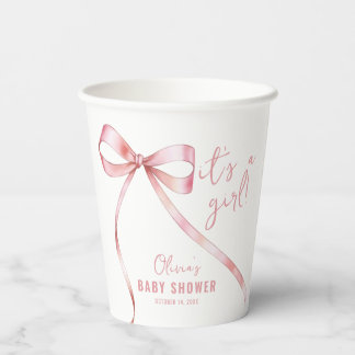 Simple Pink Bow Girl Baby Shower Paper Cups