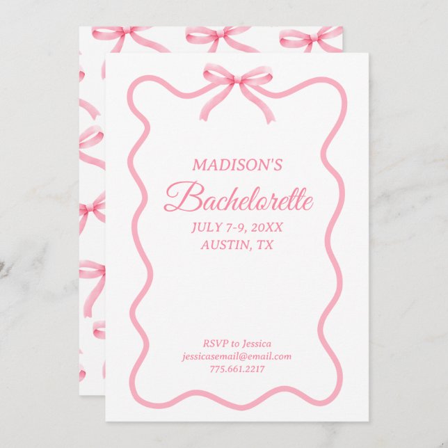 Simple Pink Bow Girly Bachelorette Party Invitation (Front/Back)