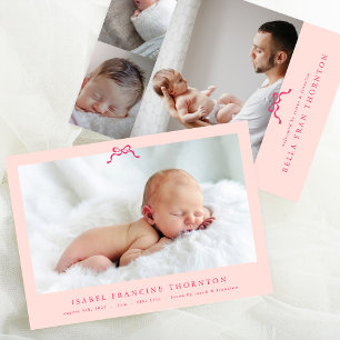 simple pink bow photo baby announcement