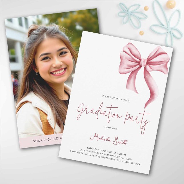 Simple Pink Bow Photo Graduation Party Invitation (Creator Uploaded)