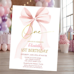 Simple Pink Bow Pink Striped 1st Birthday Invitation