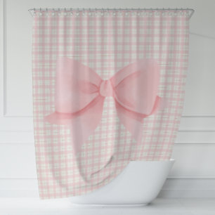 Simple Pink Bow Plaid Farmhouse Shower Curtain