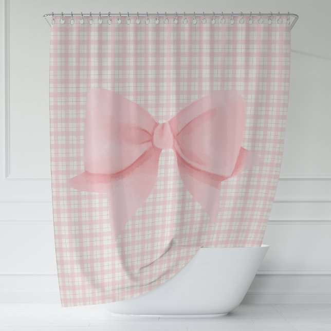 Simple Pink Bow Plaid Farmhouse  Shower Curtain (Simple Pink Bow Plaid Farmhouse Shower Curtain)