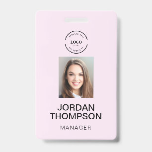 Simple Pink Business Logo QR code Employee photo ID Badge