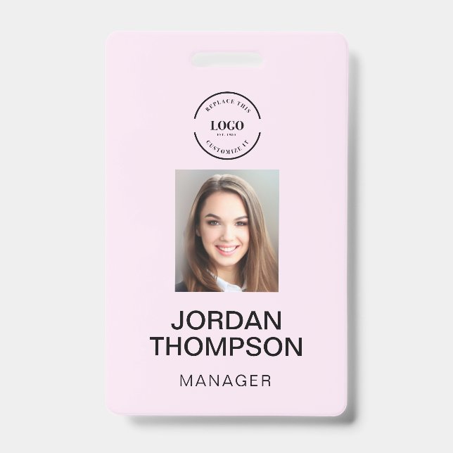 Simple Pink Business Logo QR code Employee photo ID Badge (Front)