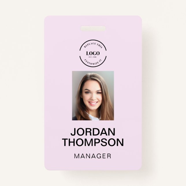 Simple Pink Business Logo QR code Employee photo ID Badge (Front)