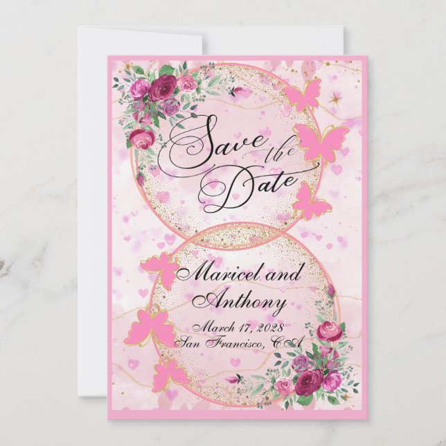 Simple Pink Butterflies theme Save the Date (Front)