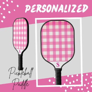 Simple Pink Chequered Gingham Personalised Pickleball Paddle