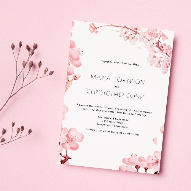 Simple pink cherry blossom floral Wedding  Invitation (Simple pink cherry blossom floral Wedding)