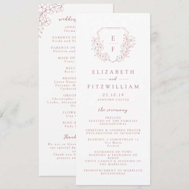 Simple Pink Cherry Blossom Monogram Wedding Program (Front/Back)
