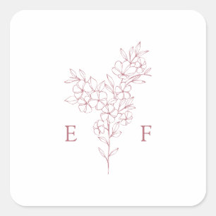 Simple Pink Cherry Blossom Wreath Monogram Wedding Square Sticker