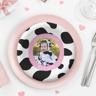 Simple Pink Cow Print Farm Girl Birthday Photo Paper Plate
