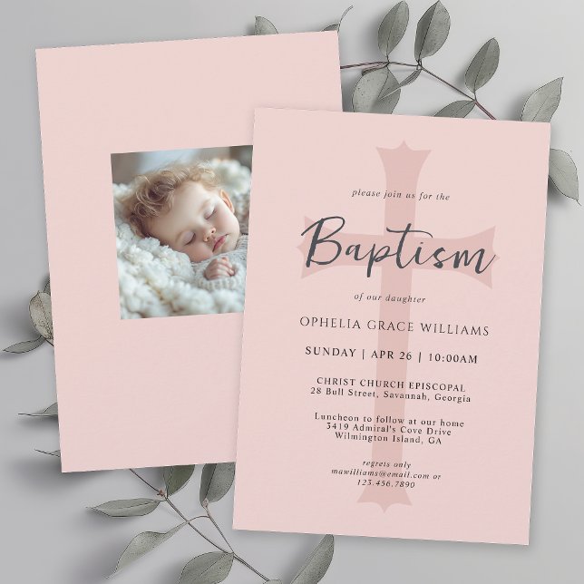 Simple Pink Cross Christian Baptism with Photo Invitation (Available in both printed and instant download digital formats for your convenience.)