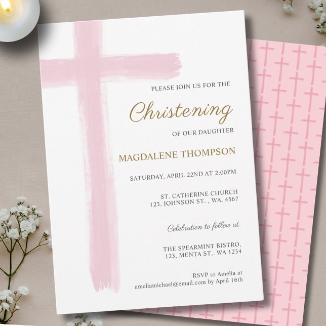 Simple Pink Cross Girl Christening Baptism Invitation (Creator Uploaded)