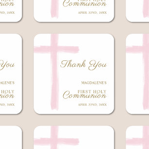 Simple Pink Cross Thank You First Holy Communion Square Sticker