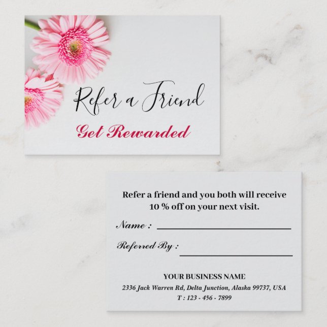 Simple Pink Daisy Floral Professional Business   Referral Card (Front/Back)