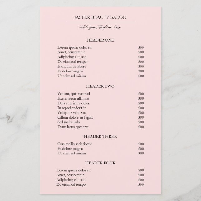 Simple Pink Elegant Modern Business Price List (Front)