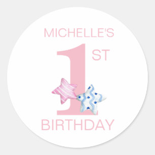 Simple Pink First Birthday with Stars and Name Classic Round Sticker