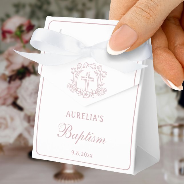 Simple Pink Floral Cross Baptism Small Tent Favour Box (Creator Uploaded)