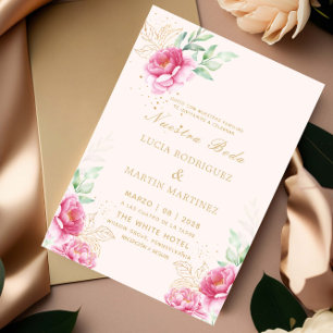 Simple Pink Floral Gold Nuestra Boda Invitation