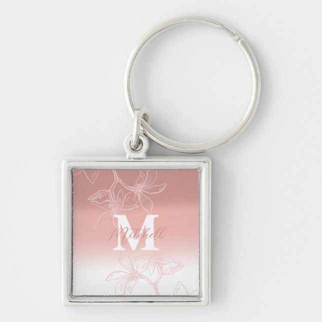 Simple Pink Floral Monogram  Key Ring (Front)