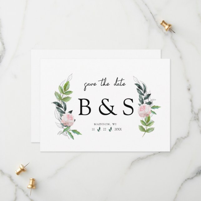 Simple Pink Floral Monogram Save The Date (Front/Back In Situ)
