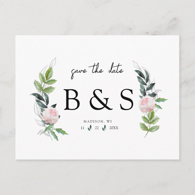 Simple Pink Floral Monogram Wedding Save The Date Postcard (Front)