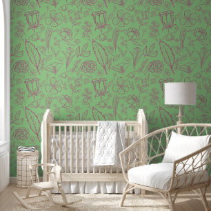 Simple Pink Floral on Green Wallpaper