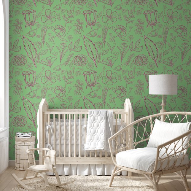 Simple Pink Floral on Green | Wallpaper (Kids)